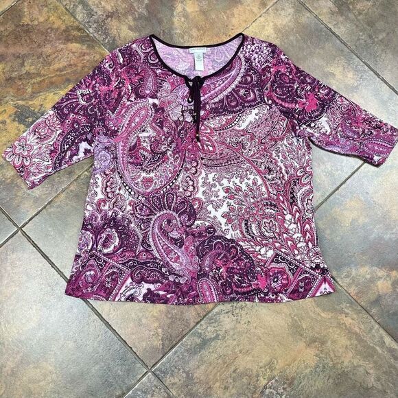 Catherine’s Purple Pink Paisley 3/4 Sleeve Tie Keyhole Blouse 2X - Picture 4 of 10